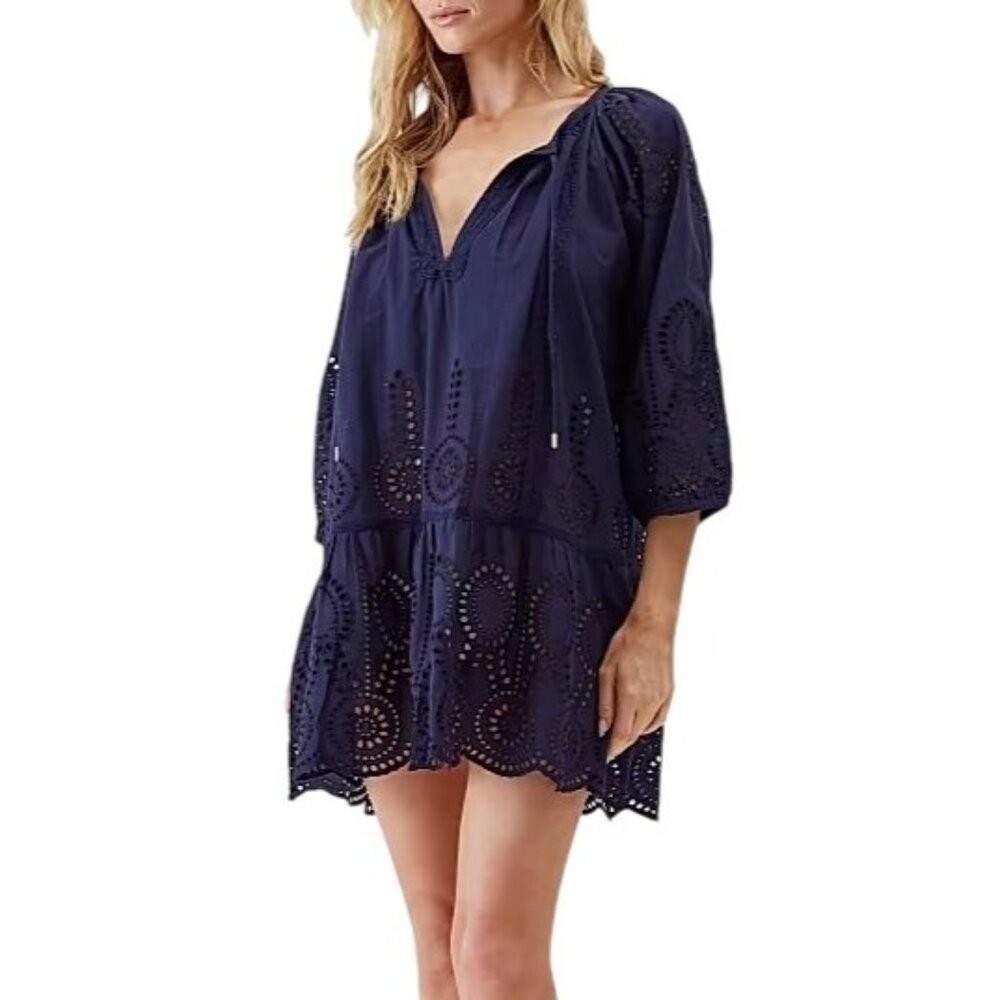 Melissa Odabash Ashley Eyelet Cotton Cover-up  Mini Dress, Size S Navy NWT